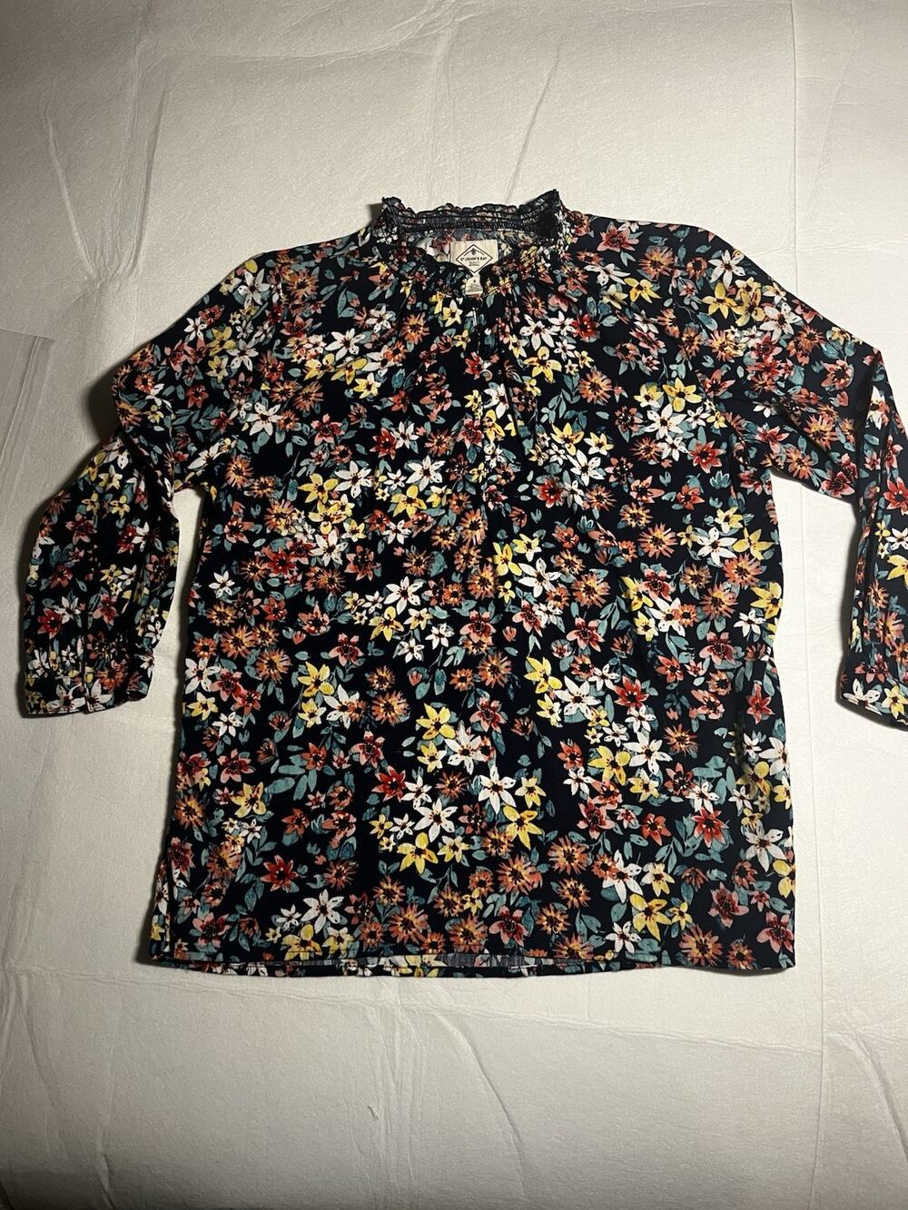 St John’s Bay Womens S Floral Blouse Navy Multicolor 3/4 Sleeve Boho Peasant Top